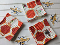 quilted coasters, vermont honey bees, bee coasters, bee decor, quilted fabric coasters, fabric coasters, custom fabric coasters, bee sticker, hand lettered sticker, wander on words, vermont clover, one stitch back, stitch back, backstitch, handmade home